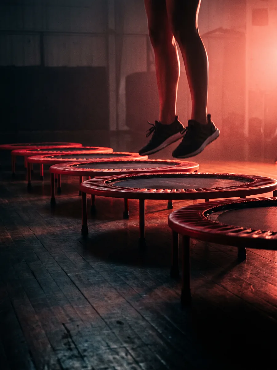 Trampoliny fitness w sali i nogi w skoku